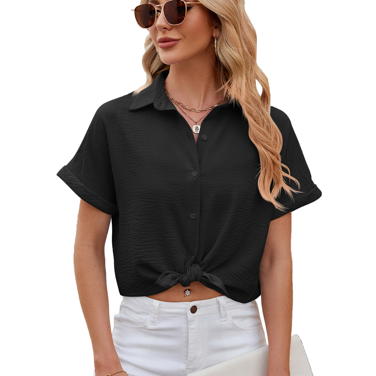 
Summer Women camisas Casual Office Loose Shirt Short Sleeve Lapel Button Down Shirt Solid Color camisas de mujer﻿: M / black