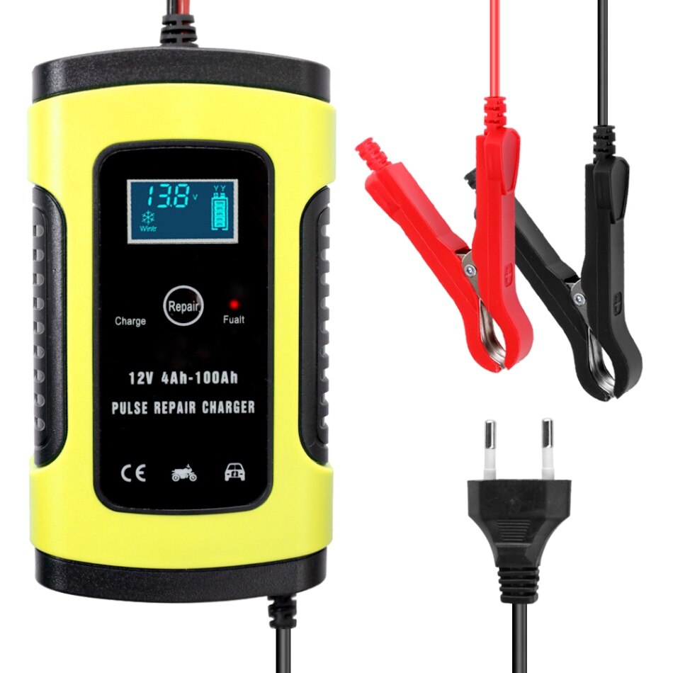 Full Automatic Car Battery Charger 110V-220V To 12V 6A Intelligent Fast Power Charging Wet Dry Lead Acid Digital LCD Display: Yellow EU Plug