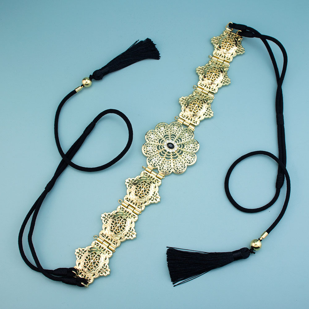 Sunspicems – ceinture Caftan marocain couleur or, glands à main, corde, chaîne de taille pour femmes, décoration de bijoux de mariage arabe: Plaqué zinc noir