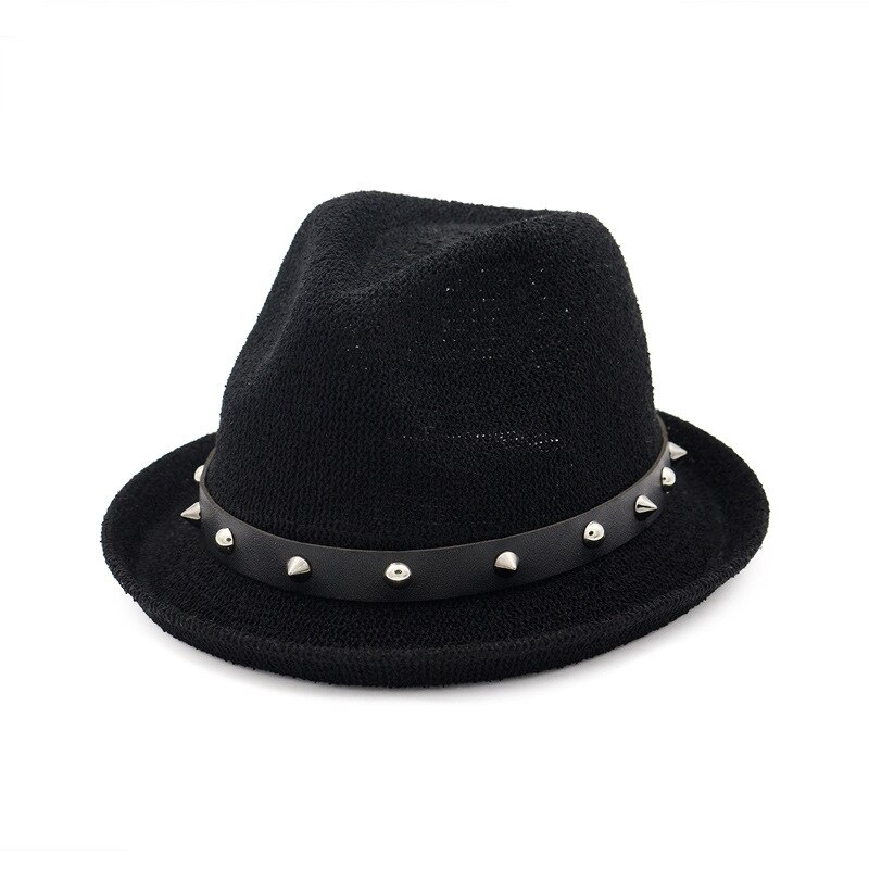 Buttermere fedora hoed dames klinknagel effen beige trilby hoed jazz hoed casual lus garen zomer herfst vrouwelijke punk rock pet: Zwart