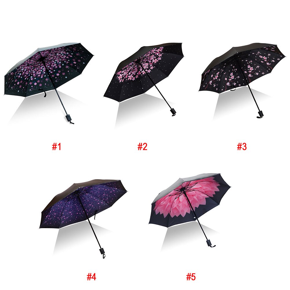 Sombrilla Sakura paraguas al aire libre a prueba de polvo paraguas Anti-UV triple plegado 8 huesos tela adhesiva negra viaje día de lluvia