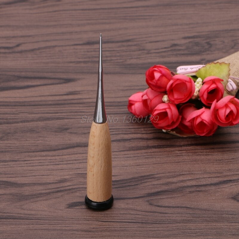 1PC Leather Craft Awl Tool Hole Maker Wooden Handle Sewing Stitching Punching &amp;