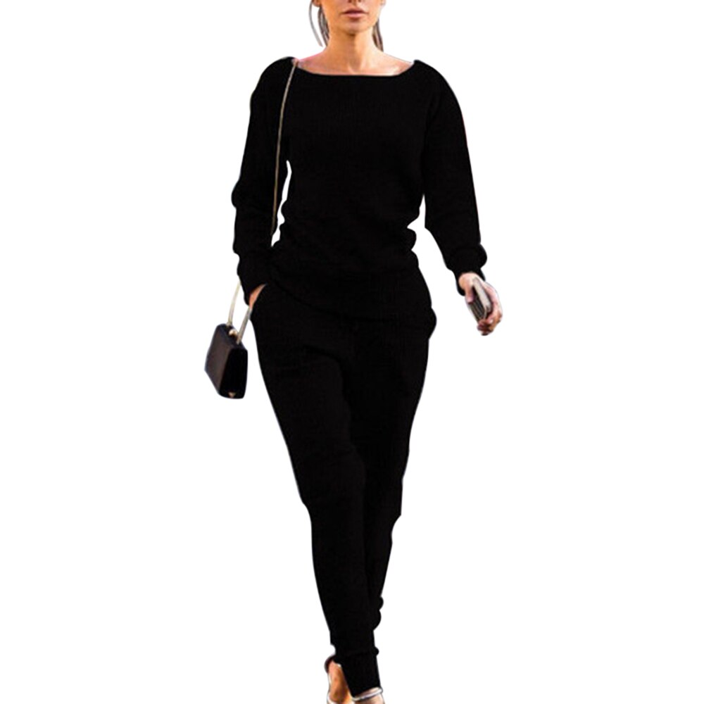 Vertvie 2Pcs Lange Mouwen Sport Sets Dagelijkse Slijtage Casual Losse Trainingspakken Vrouwen Sweatshirts Effen Broek Past Vrouwelijke: Black / M