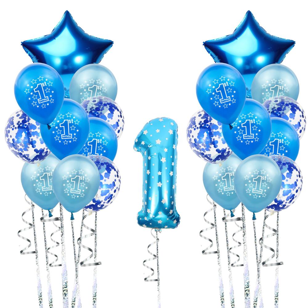 21pcs Latex Balloons 1 Foil Number Pink Blue Star Heart Baby Kids Birthday Anniversary Wedding Party Ballon Set 12inch: Blue