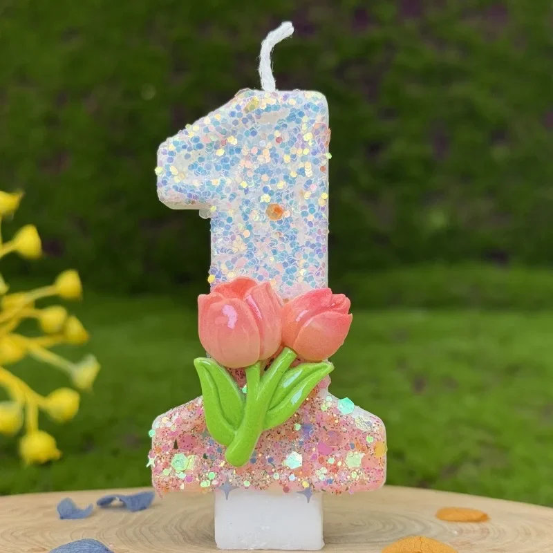 Pink Glitter Tulip Flower Candles for Birthday Party Anniversary Cake Decoration Atmosphere Decoration Photography Props: Grape