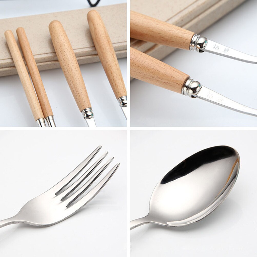 3PCS Stainless Steel Flatware Tableware Cutlery Set with Beech Handle Include Fork Spoon Chopsticks Case