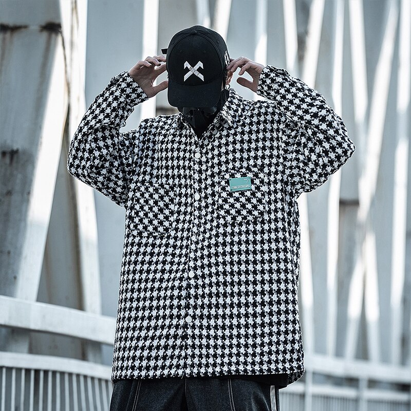 Houndstooth Frayed Tweed Jacket Coat Men Black Plaid Shirts Vintage Loose Long Sleeve Pockets Male Outerwear Chic Casual Tops