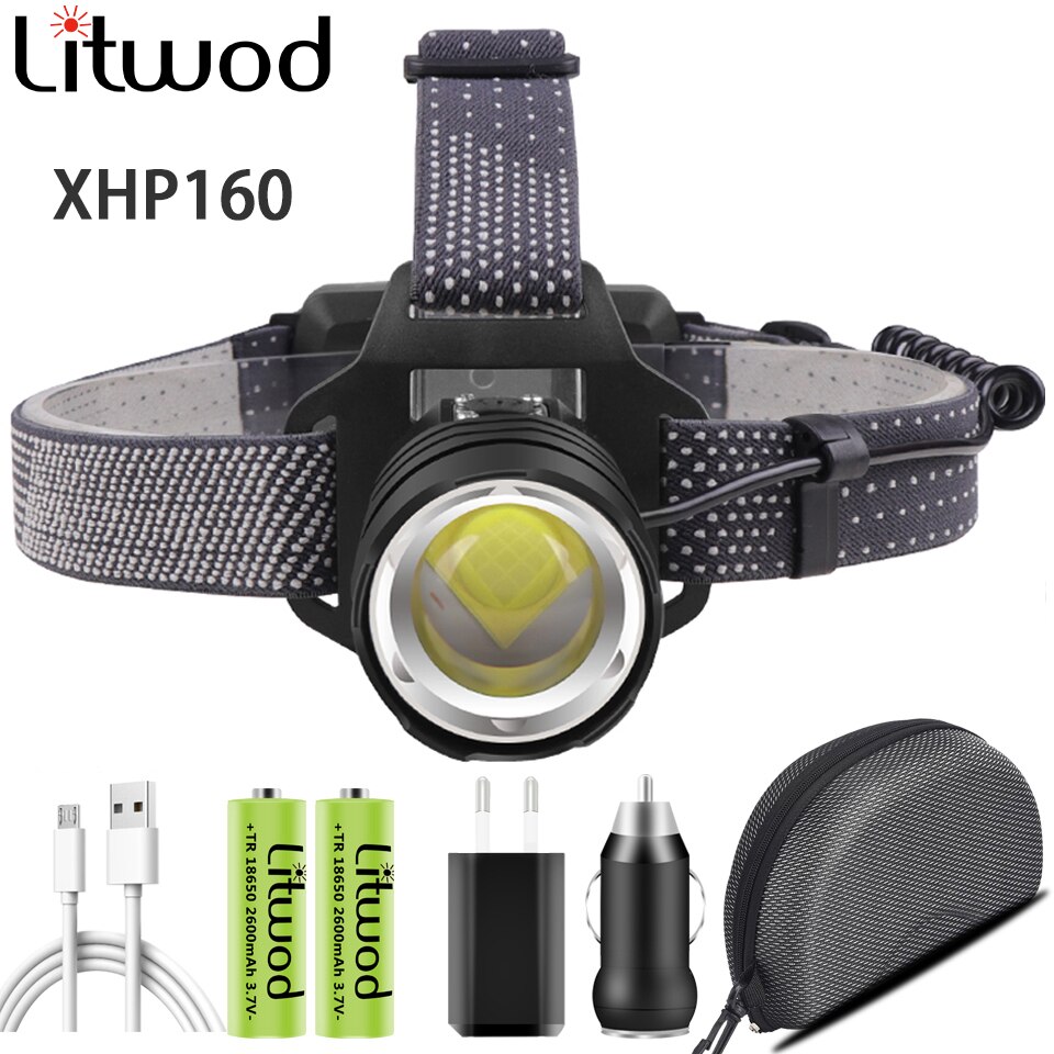 500000 lumen xhp 160 ledet kraftig hodelykt zoombar hodelykt lampe lommelykt 18650 batterier vanntett til camping hodelykt