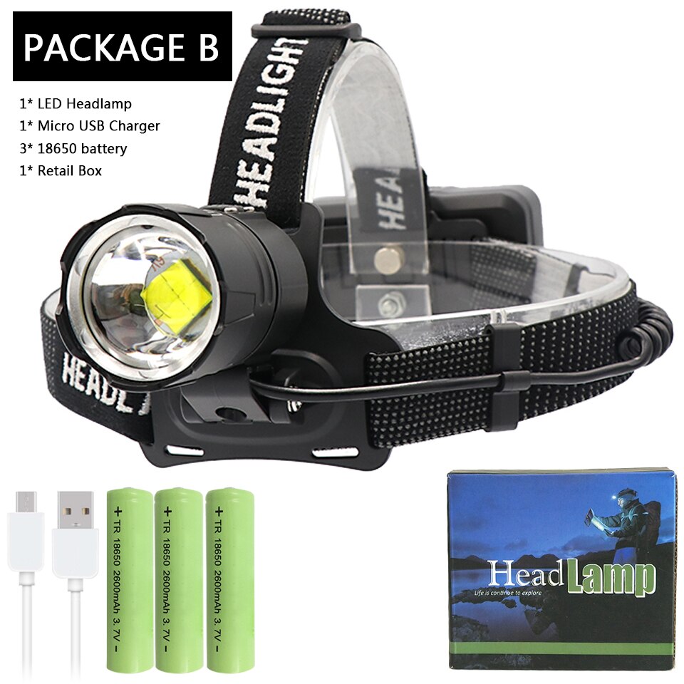 50000lm XHP70.2 32W powerful Led headlamp Headlight zoom head lamp flashlight torch Lantern 7800mah 18650 battery: Package B