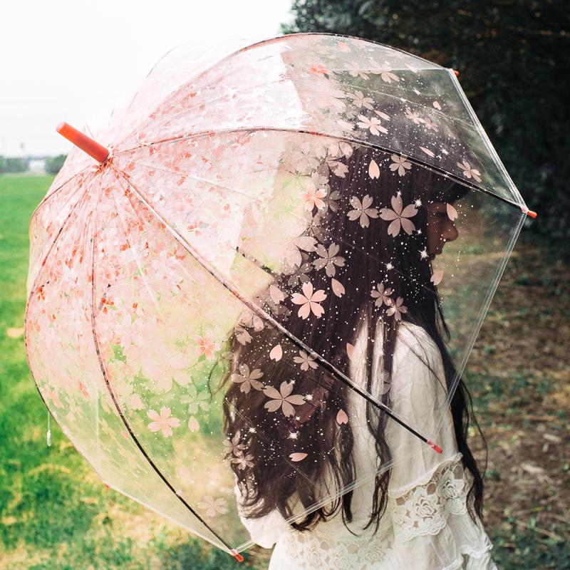 Gennemsigtig kirsebærblomst paraply langt håndtag gennemsigtig piger retro slik farvet lyse prinsesse paraply