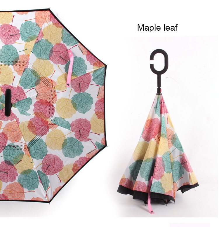 Windproof Reverse Folding Umbrellas Double Layer Inverted Umbrella C Handle Stand Rainy And Sunny Women Men: maple leaf