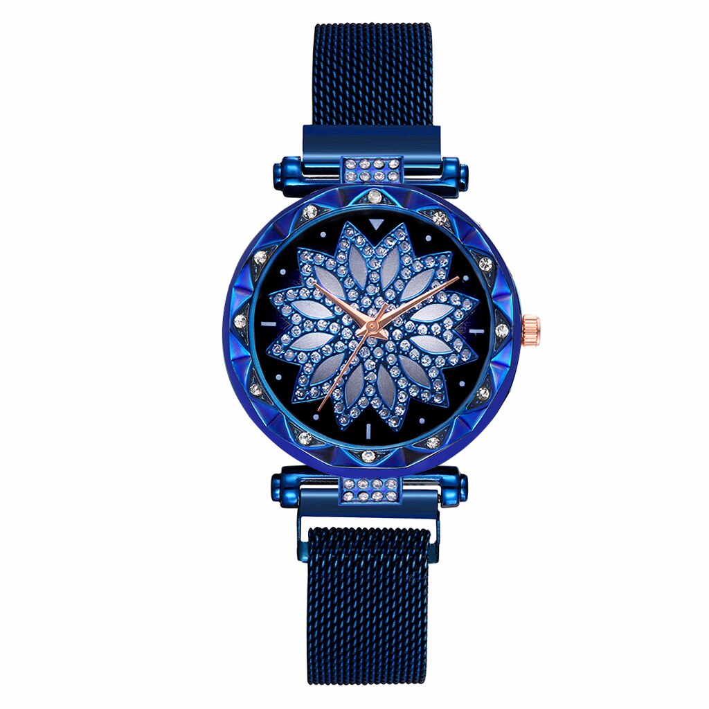 Dam magnet spänne stjärnhimmel blomklocka lyx dam strass kvarts klocka klocka relogio feminino: Blå