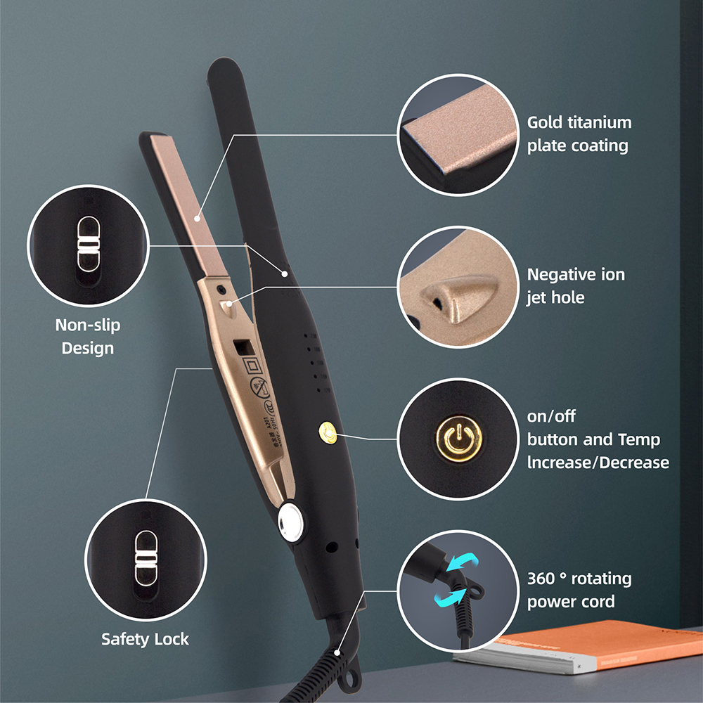 Mini-Haarglätter, kleines Glätteisen für kurzes Haar und Pixie-Schnitt, Dual-Voltage-Bart, dünnes Bleistift-Glätteisen, Titan, Reisen