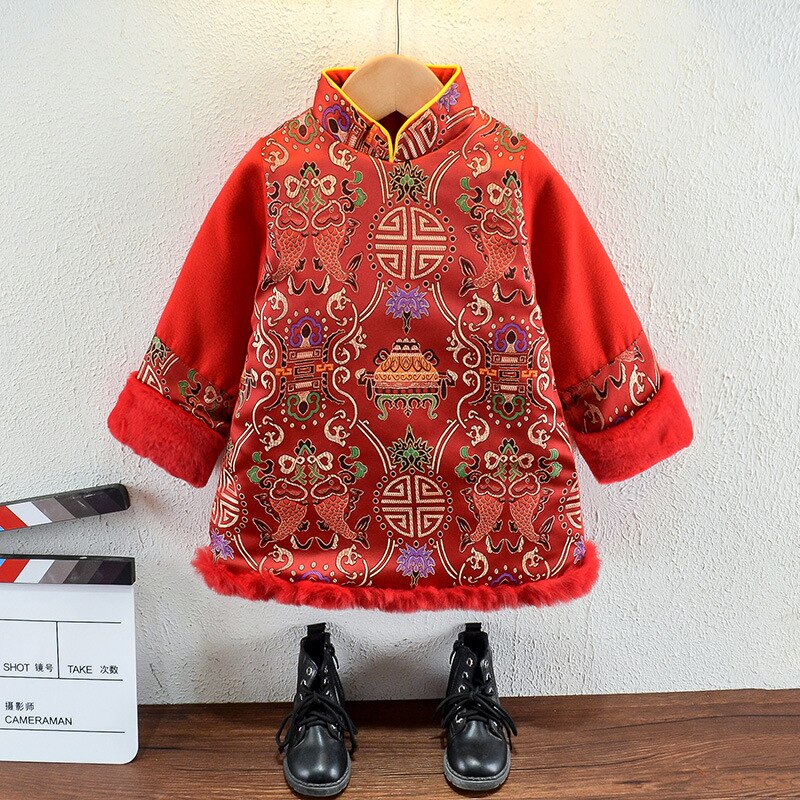 Jungen Traditionellen Chinesischen Stil Hanfu Tang Anzug Kinder Mädchen Qipao Cheongsam Kleid Neue Jahr Stickerei Tops Mäntel Orientalischen Kleidung