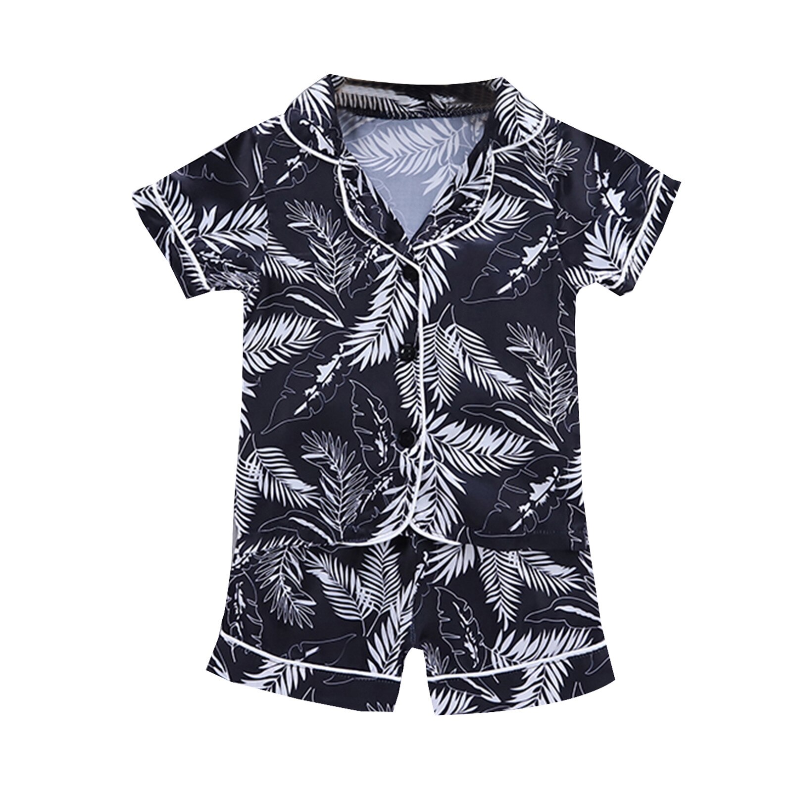 Pyjama d'été en Satin pour enfants, hauts en soie pour garçons et filles, vêtements de nuit imprimés, ensemble t-shirt et short: Black  / 1-2 Years