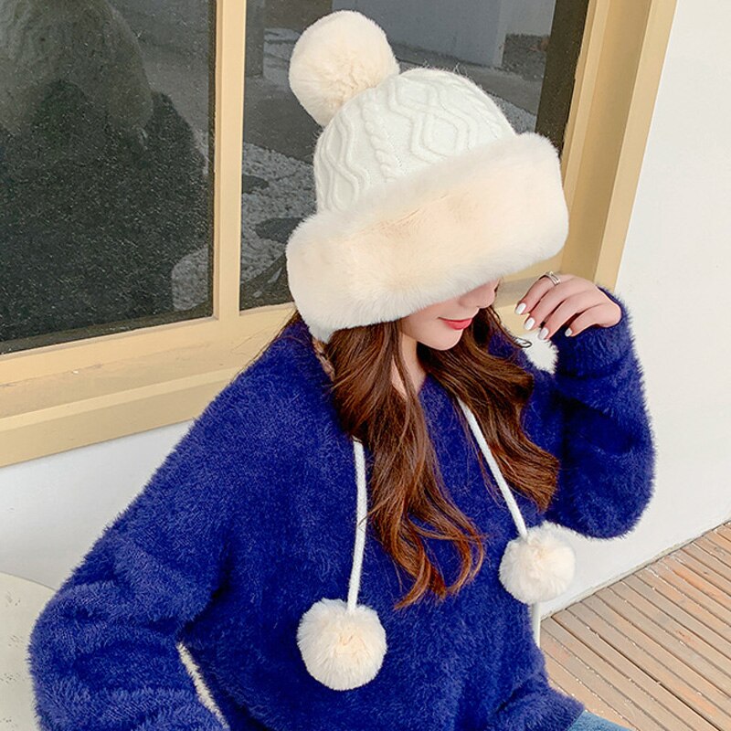 Gorro de nieve grueso con pompones para mujer, gorro cálido de punto, suave, , para esquí, Invierno