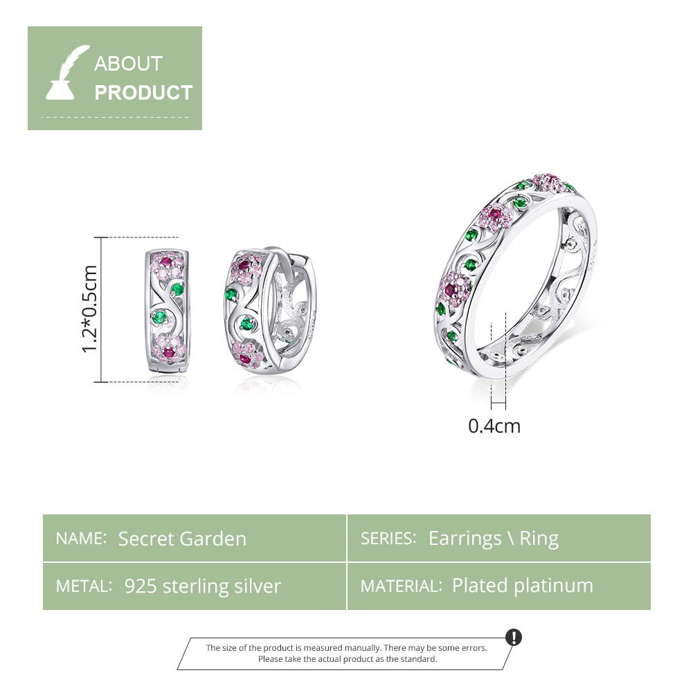 Colorful Flowers Jewelry Sets BISAER 925 Sterling Silver Pink Zircon Ring & Hoop Earrings For Women Luxury Jewelry