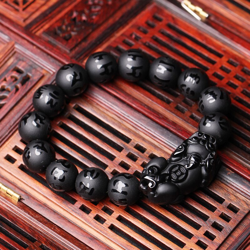 Bracelet en perles de PiXiu mat obsidienne noire naturelle Bracelet en perles de Mantra de Six mots bracelets à faire soi-même pour hommes femmes bijoux