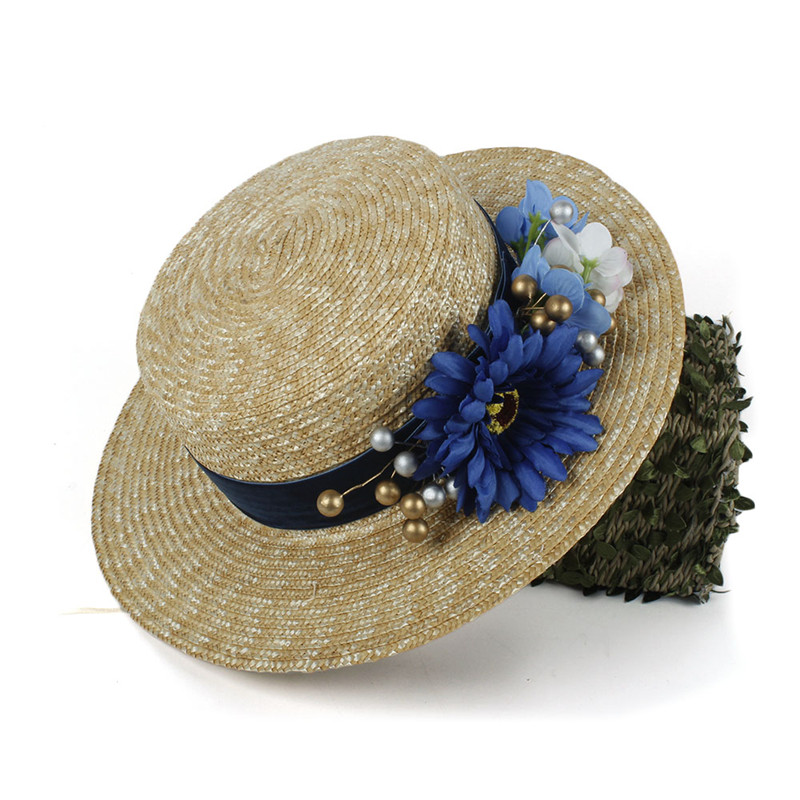 Sombrero de paja de trigo para mujer, gorro de sol plano con flor roja para playa, verano, , 100%: Straw-Dark Blue