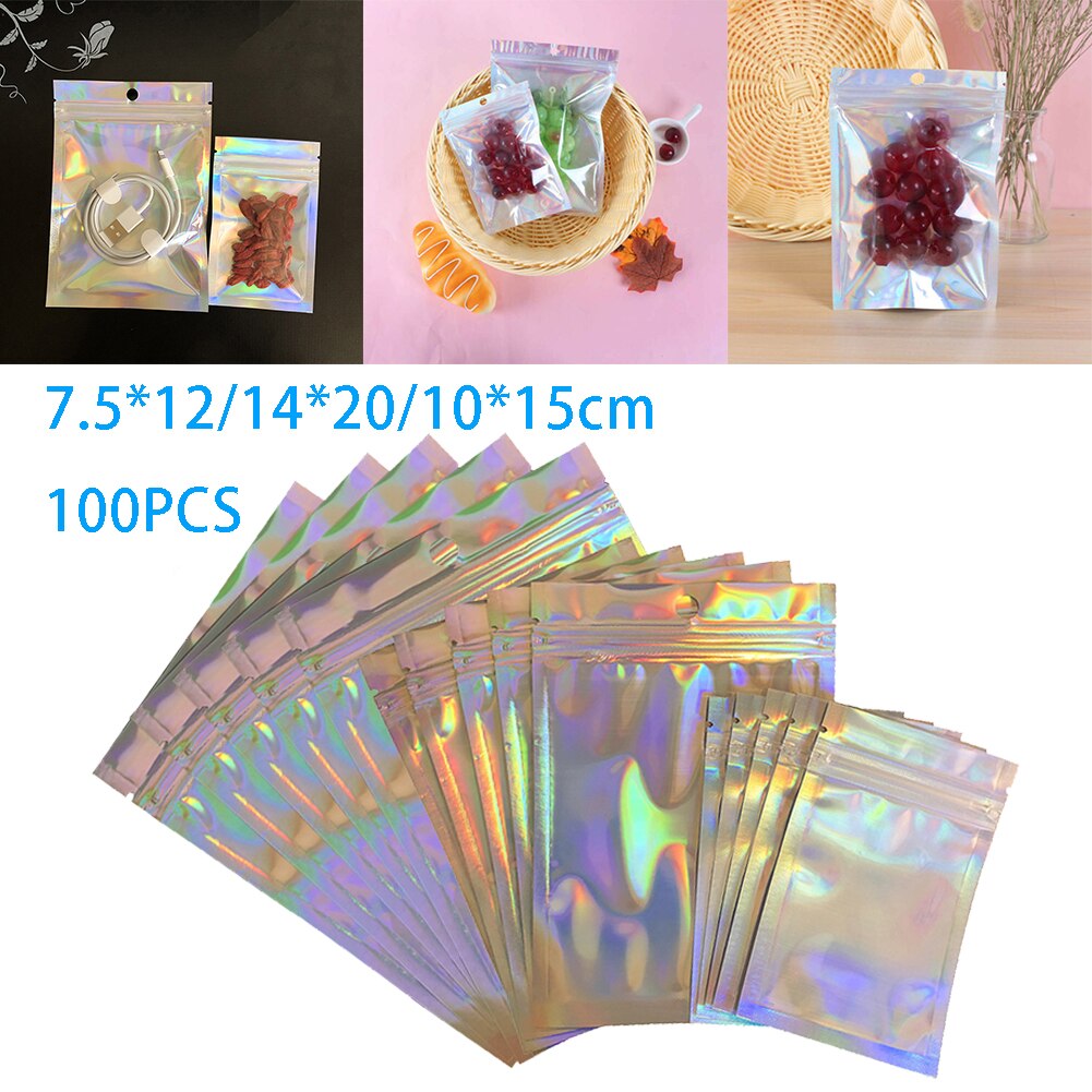 100 Stuks Zak Regenboog Folie Pouch Platte Zakken Opslag Holografische Kleur Zakken Opslag Zakjes Voor Thuis Keuken Gereedschap
