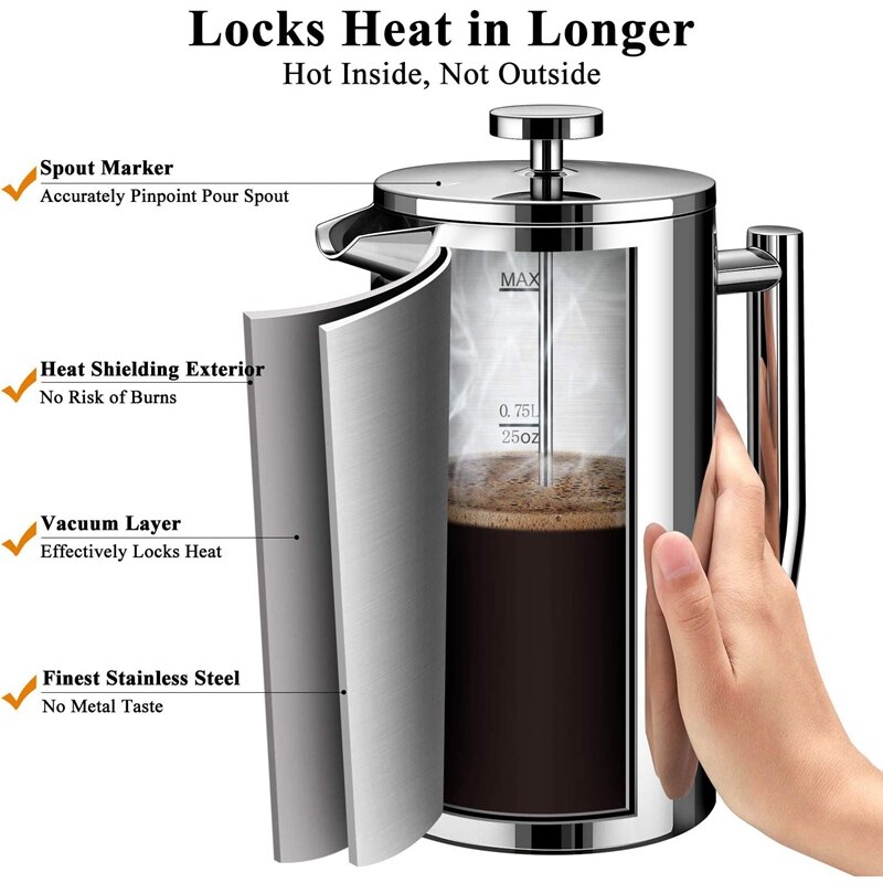 Presse française cafetière en acier inoxydable français pressé Double en acier inoxydable cafetière et théière, acier inoxydable Sn, plat