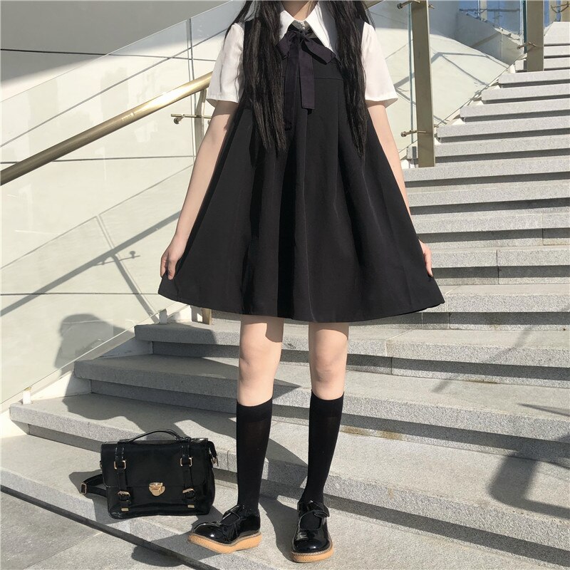 Japanse zoete college tweedelig overhemd met korte mouwen strik + geplooid vest jurk vrouwelijke zomer schoolmeisjesuniform