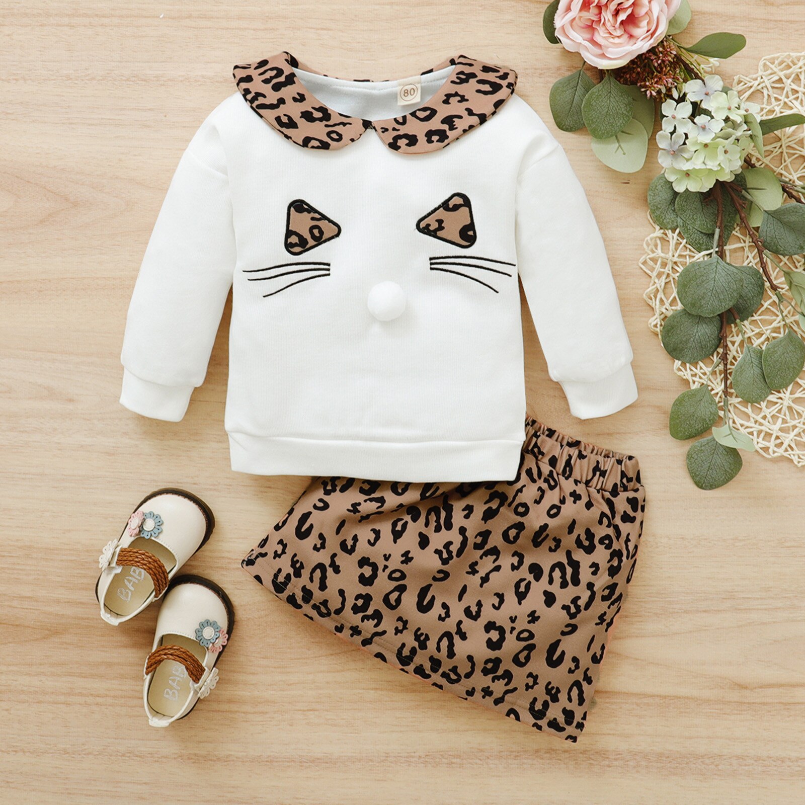 Luipaard Shirts A-lijn Rok Set Voor Baby Meisjes Cartoon Kat Print Trui Lange Mouwen Tops + Luipaard Rok Outfits