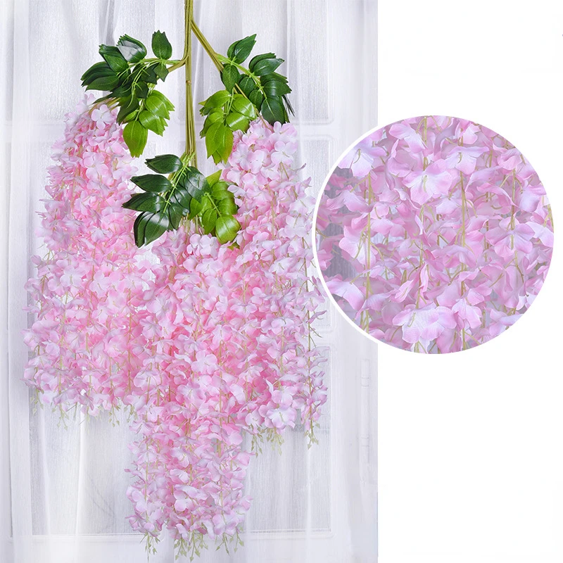 12 pçs flores artificiais de glicínias ratta extra longo grosso videira pendurado guirlanda de seda glicínias para festa em casa decoração de casamento: Rosa-claro