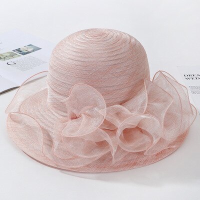 Ploermin Organza Zon Hoeden Vrouwen Bloem Zomer Bruiloft Caps Vrouwelijke Elegante Bloemen Uv Kerk Hoeden Mode: light pink
