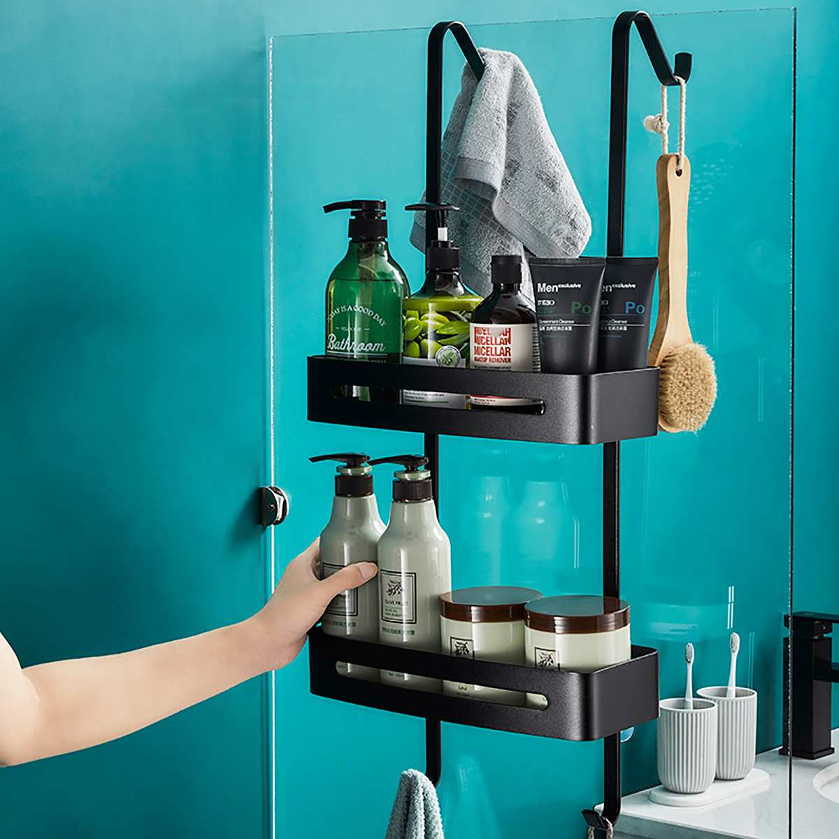 Sort hængende bad hylder badeværelse hylde arrangør sømfri shampoo holder opbevaring hylde rack badeværelse kurv holder