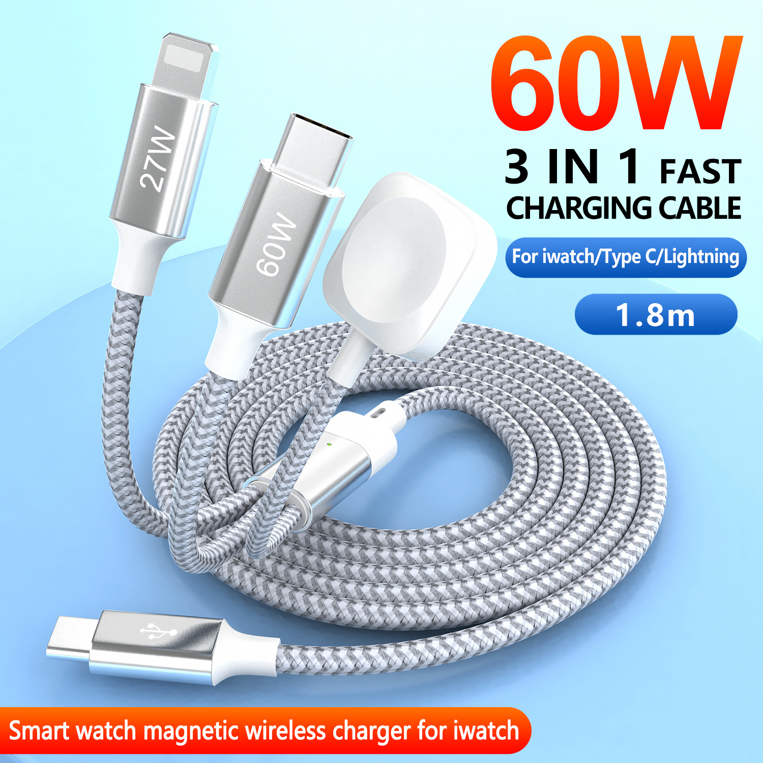 USB C Charger for Apple Watch, 3 in 2 Charging Cable with for Apple iWatch iPhone 15/14/13/12Pro, Nylon Braided-line: SKY BLUE / 5m
