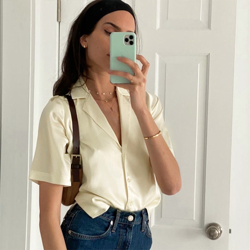 Nclagen sateng kontor dameknapp bluse kortermet hakk krage silke myke bluser dame sommer fritidsskjorte