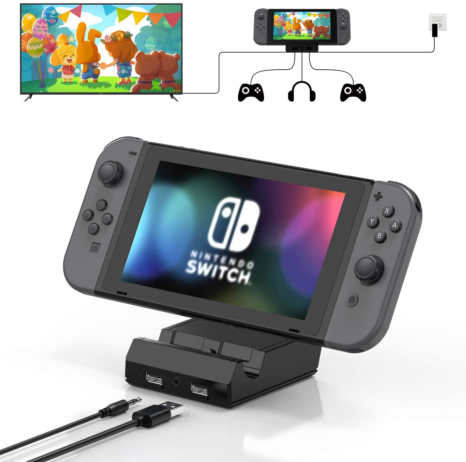 For Nintendo Switch Portable Charging Dock TV Playstand Station Replacement 4K HDMI USB 3.0 Port 3.5 Headphone Jack
