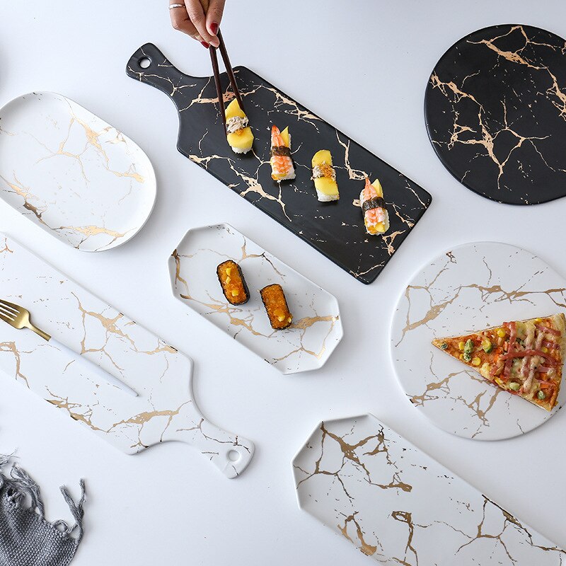 Marmer Matte Goud Zwart En Witte Keramische Servies Plaat Koude Schotel Plaat Westerse Steak Plaat Fruitschaal Sushi Platepizza Plaat