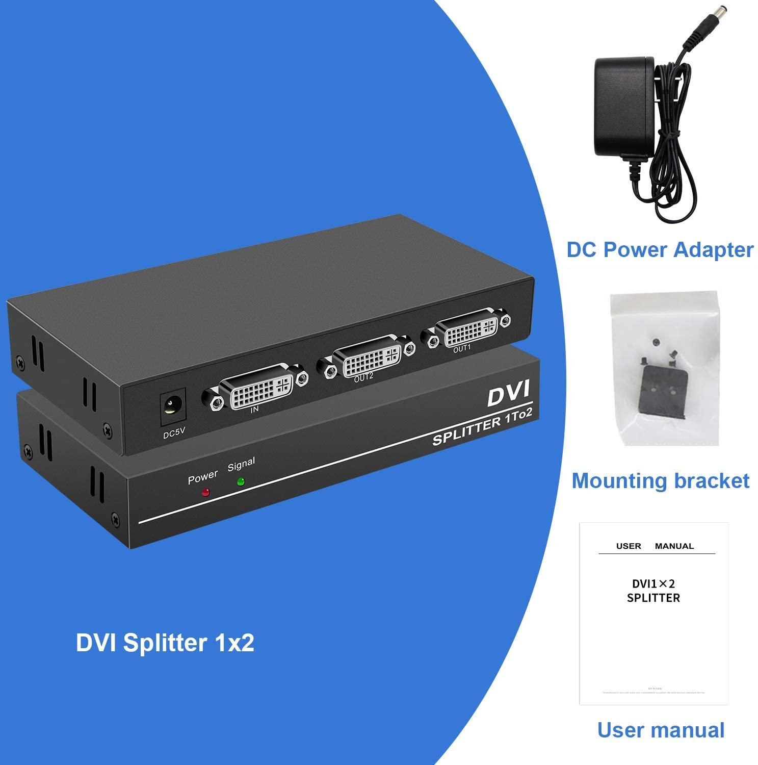 DVI Splitter 1 in 2 Out DVI Splitter 1x2 with Power Adapter Support 4K@30Hz for PC Laptop DVR Projector HDTV DVI Port Devices