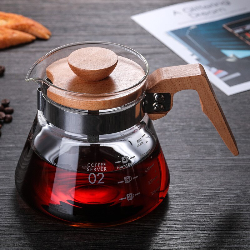 Wooden Handle Pour Over Glass Range Coffee Server Glass Coffee Maker Hand Drip Coffee Pot Dripper Pots Glass Kettle Brewer Clear