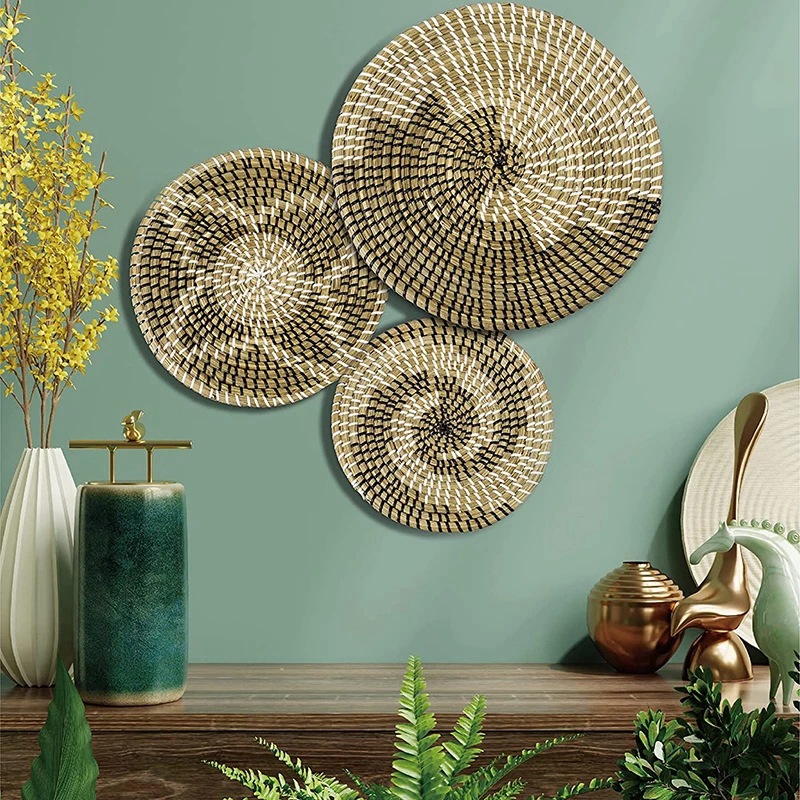 Ensemble de 3 paniers muraux ronds en paille, décoration murale suspendue, parfait pour un panier mural