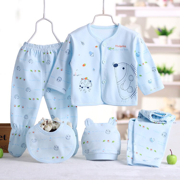 5pcs/sets Newborn Baby Unisex Clothing Soft Cotton Set Infant Long Sleeve Girls Shirt+pant Bibs Hat Suit Underwear: blue
