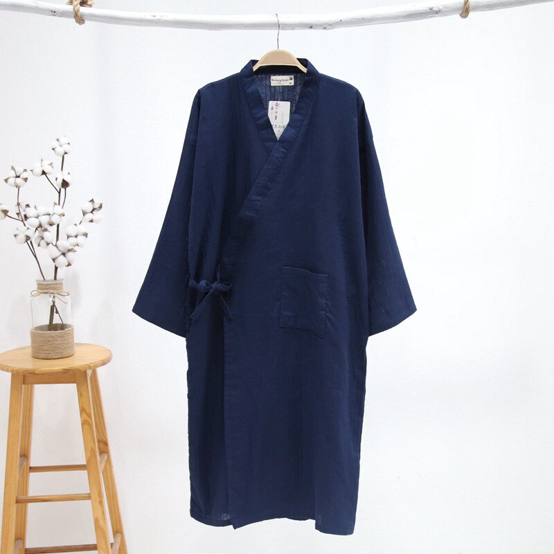 Menn kimono tilfeldig japansk lang badekåpe pyjamas belte bomull kappe kostyme ensfarget v-hals ekstra tykke varme husholdningsklær: Marineblå / M