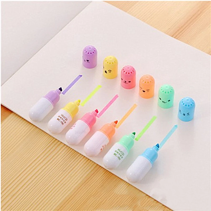 Juego de Mini pastillas resaltadoras Kawaii, rotulador fluorescente con cara sonriente, suministro de papelería artística para escuela y oficina, 6 uds.: Blanco