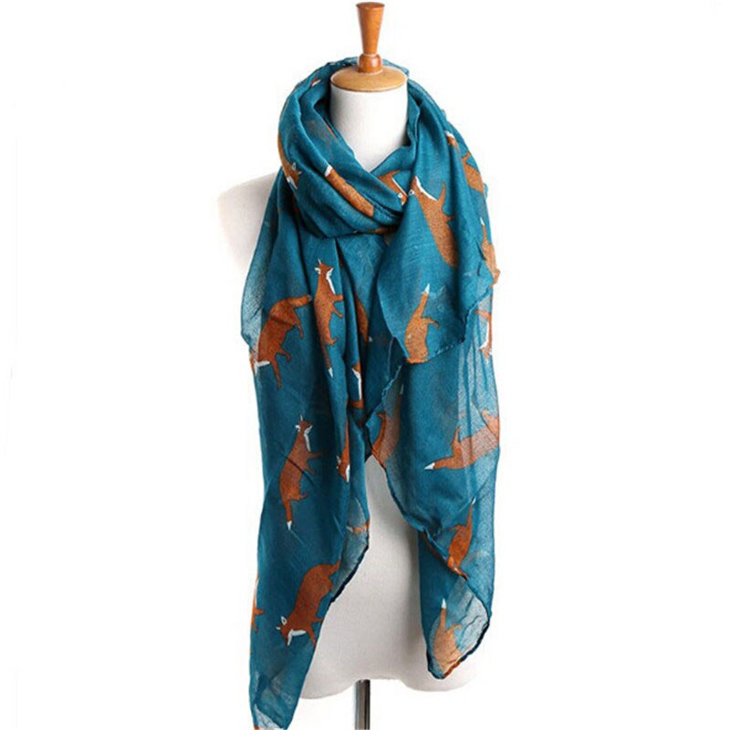 YGYEEG Women Fox Scarf Voile Girl Long Cute Fox Print Scarf Wraps Shawl Soft Scarves Female Cute Tippet Foulard Cachecol Shawl
