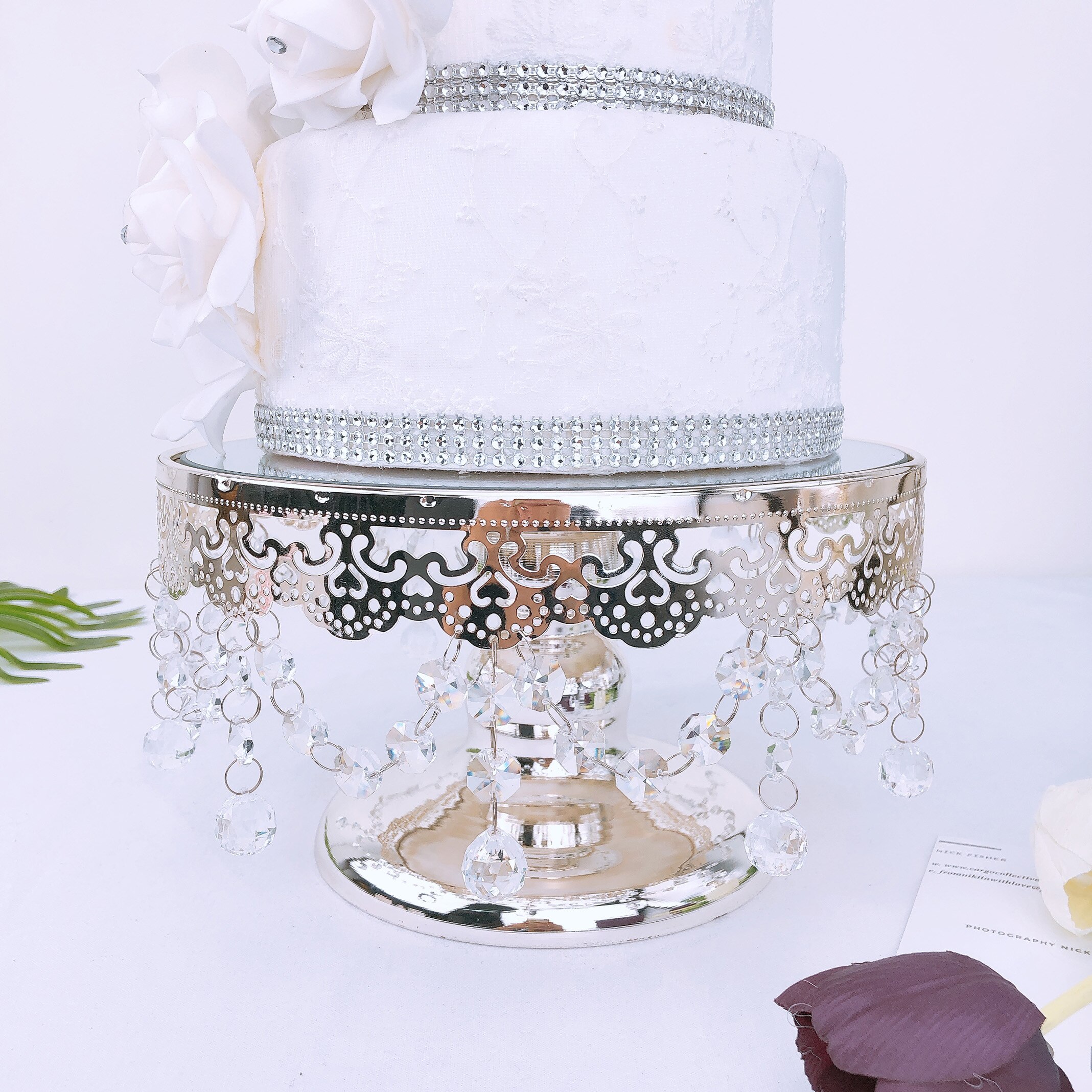 Sølv rund spejl bakke krystal kant tallerken cupcake/ makeup modtage palle 10 tommer hjemme dekoration kage bord dekoration