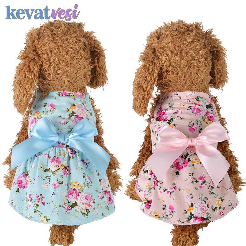 Dog Dress Summer Flower Print Princess Dog Wedding Dresses with Bow Cute Dog Dresses for Small Dogs Chihuahua Spring Dog Costume