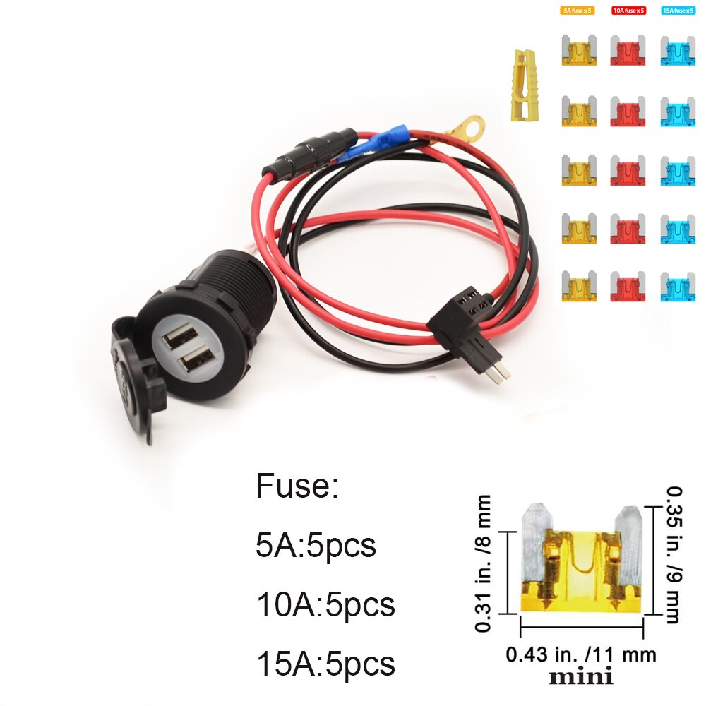 Jtron car fuse tap turn dual USB sockect adapter DC12V 10A cable extention 60cm with blad fuse full kit for RV boat: Mini Miro