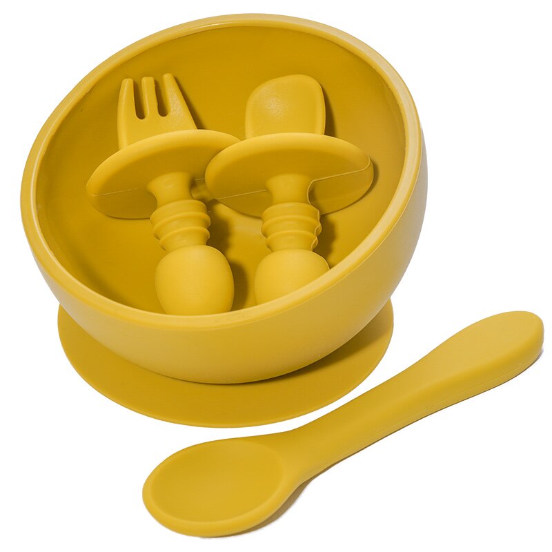 4 stk sæt baby bordservice børns bærbare mini gaffel ske lille skål plade og silikone ske børn: Mstard