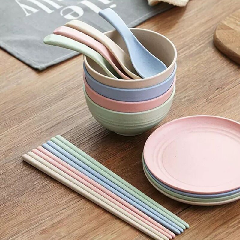 4pcs/Set Wheat Straw Tableware Set Cutlery Baby Children Dishware Simple Dishes Salad Bowl Steak Plate Dinnerware: A10     A1 4Sp 4chop