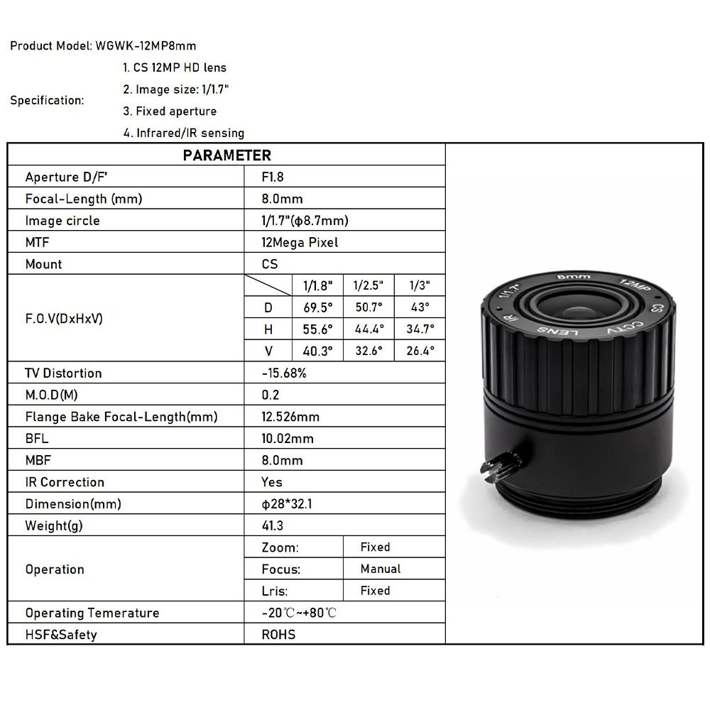 WGWK 4K 12MP CS Mount CCTV Lens 1/1.8" Format Manual Iris 5-50mm Industrial Zoom Lens For Machine Vision Surveillance IP Camera