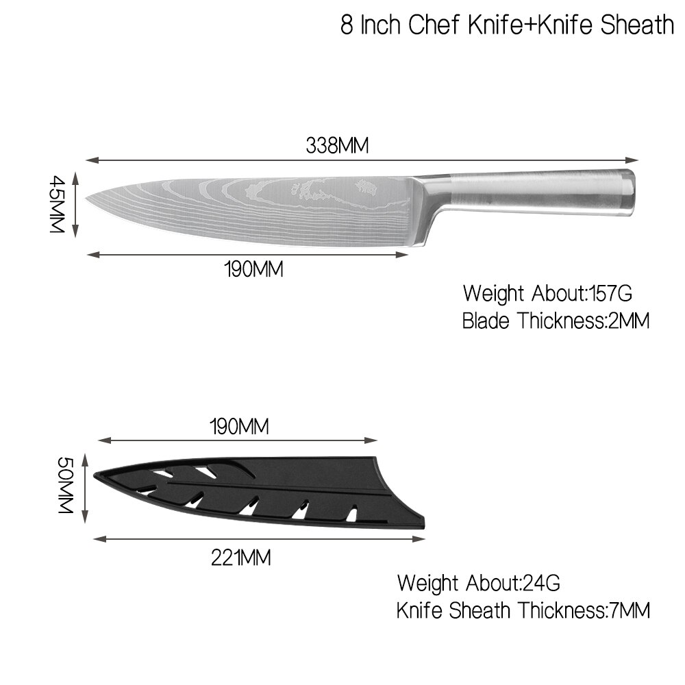 Damask køkkenknive sæt 7 cr 17 knive i rustfrit stål frugtværktøj santoku kok udskæring brød madlavning kniv damaskus mønster: 8 in kokskniv