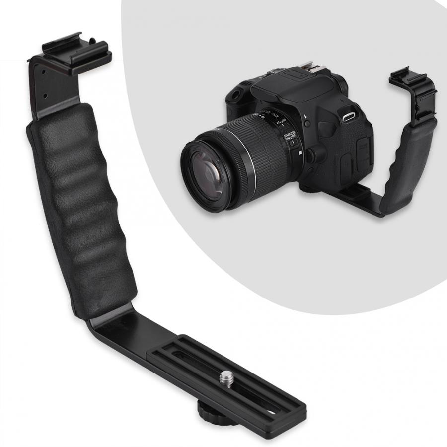 Nueva llamativa Zapata de Flash de cámara soporte en L Doble Adaptador de montaje de soporte de zapata DV micrófono luz LED doble zapata soporte Flash