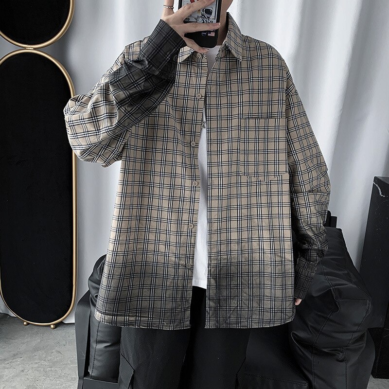 spring retro gradient color plaid trend long-sleeved trendy brand shirt men's clothes ins loose shirt jacket: Gray / M